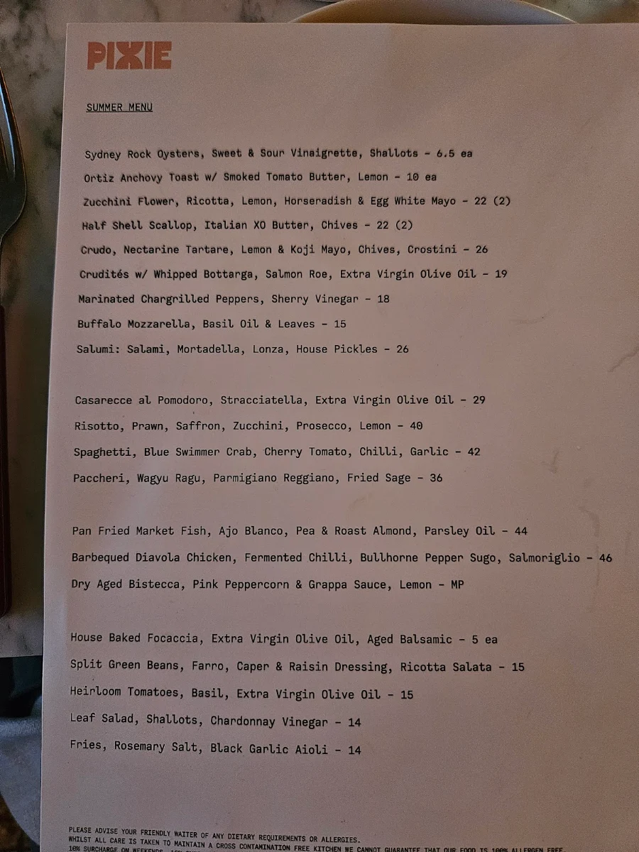 Menu, Pixie Italian