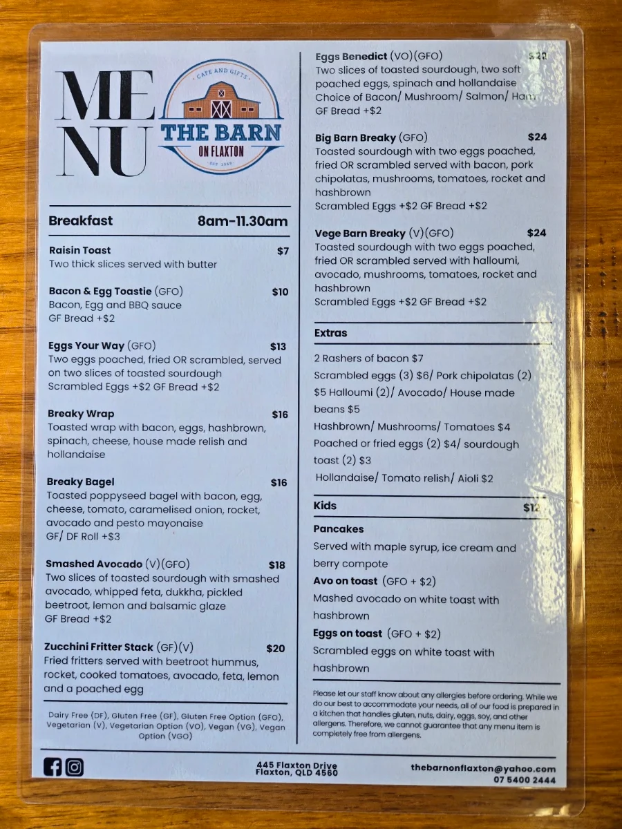 Menu, The Barn on Flaxton