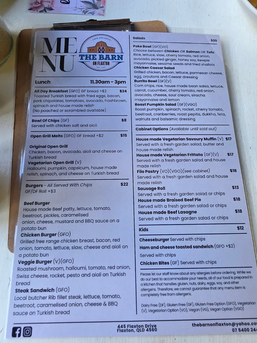 Menu, The Barn on Flaxton