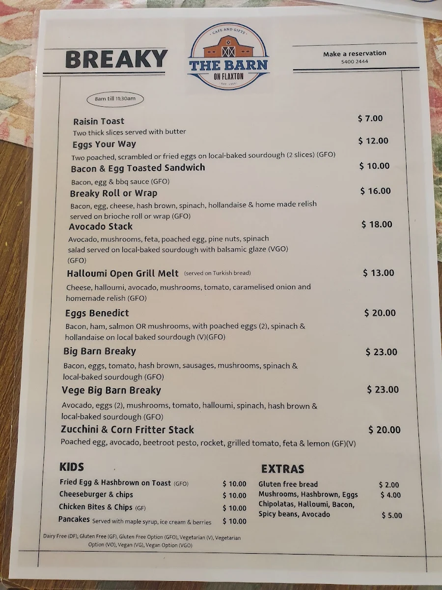 Menu, The Barn on Flaxton