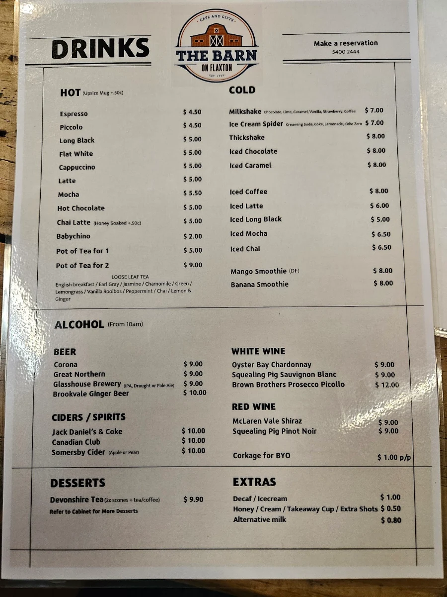 Menu, The Barn on Flaxton