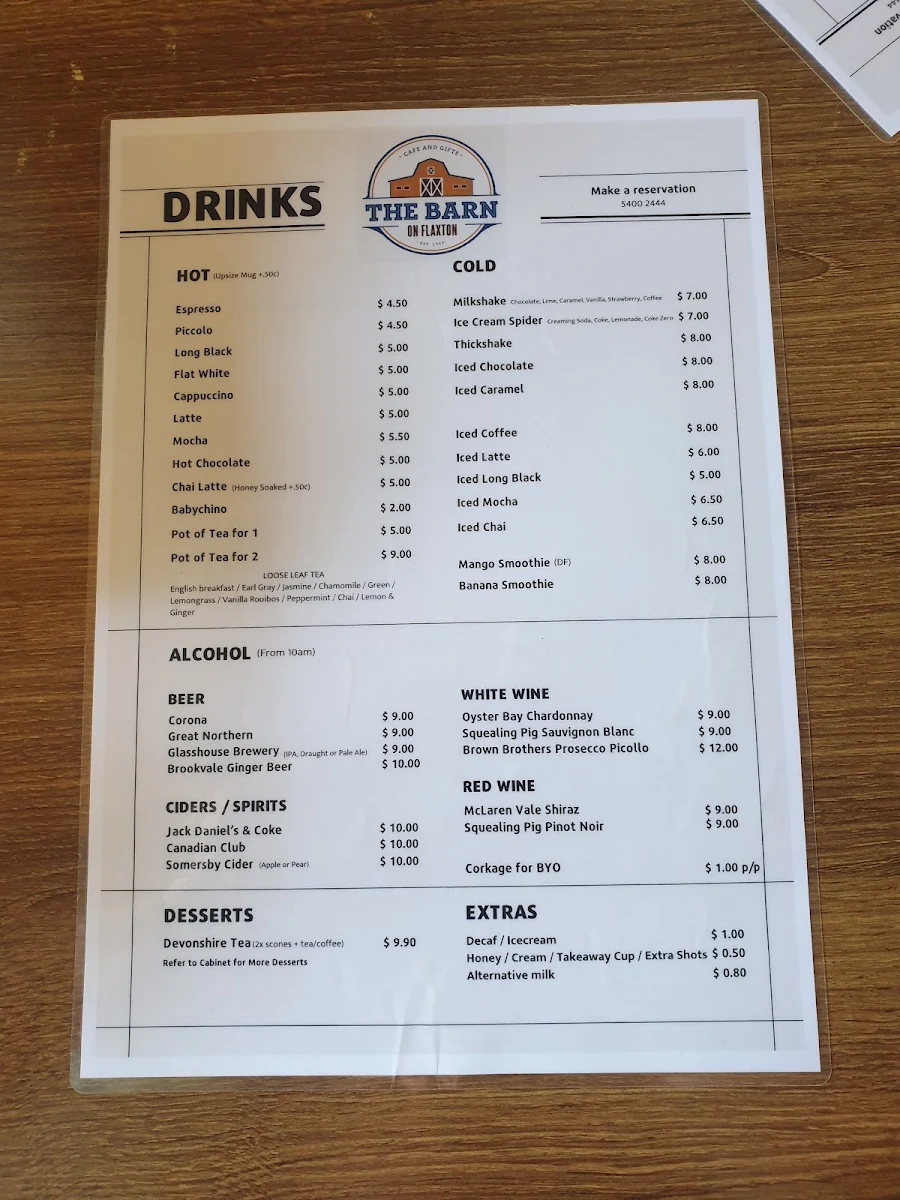 Menu, The Barn on Flaxton