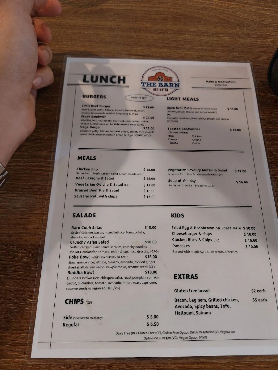 Menu, The Barn on Flaxton