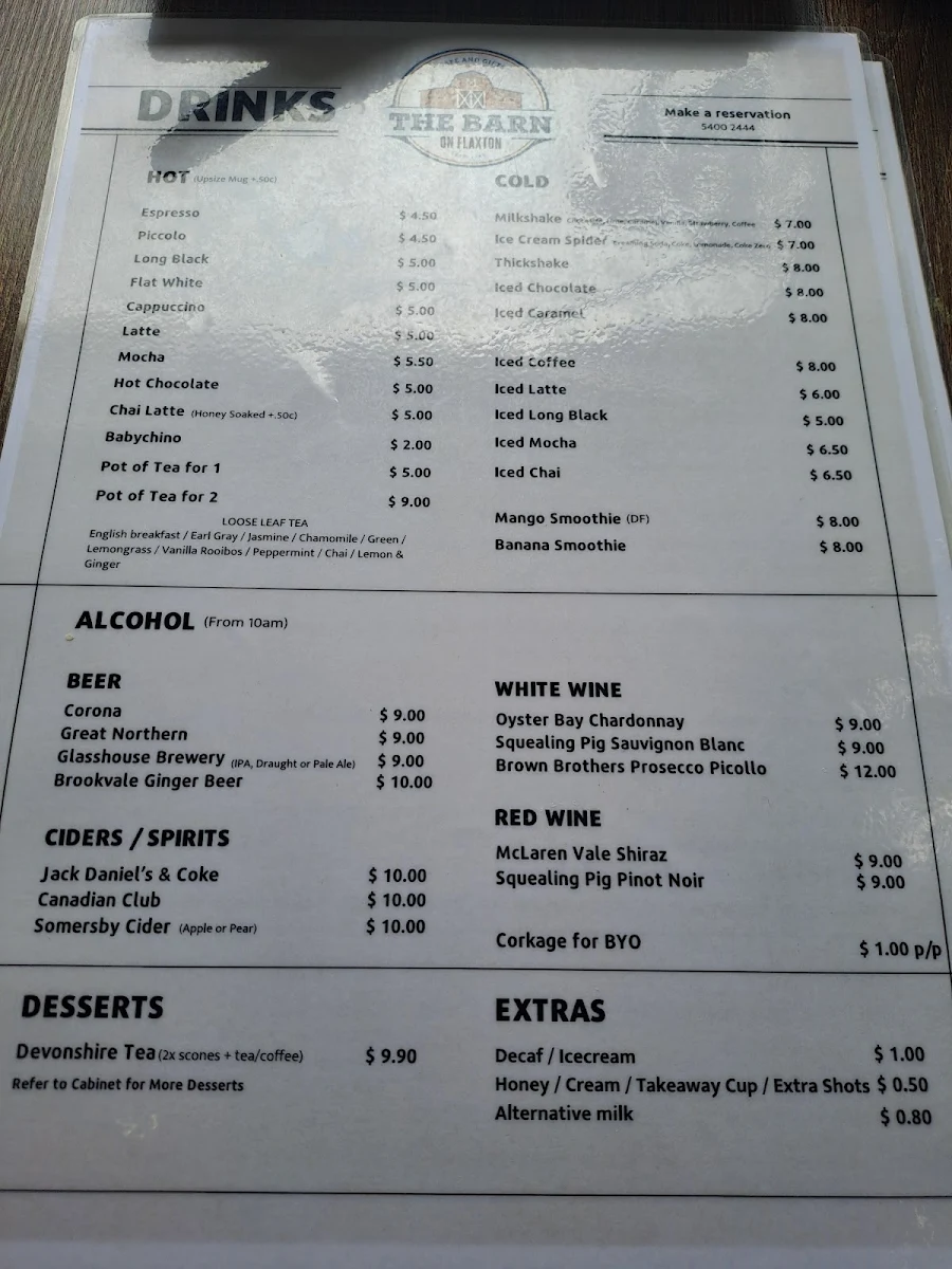 Menu, The Barn on Flaxton