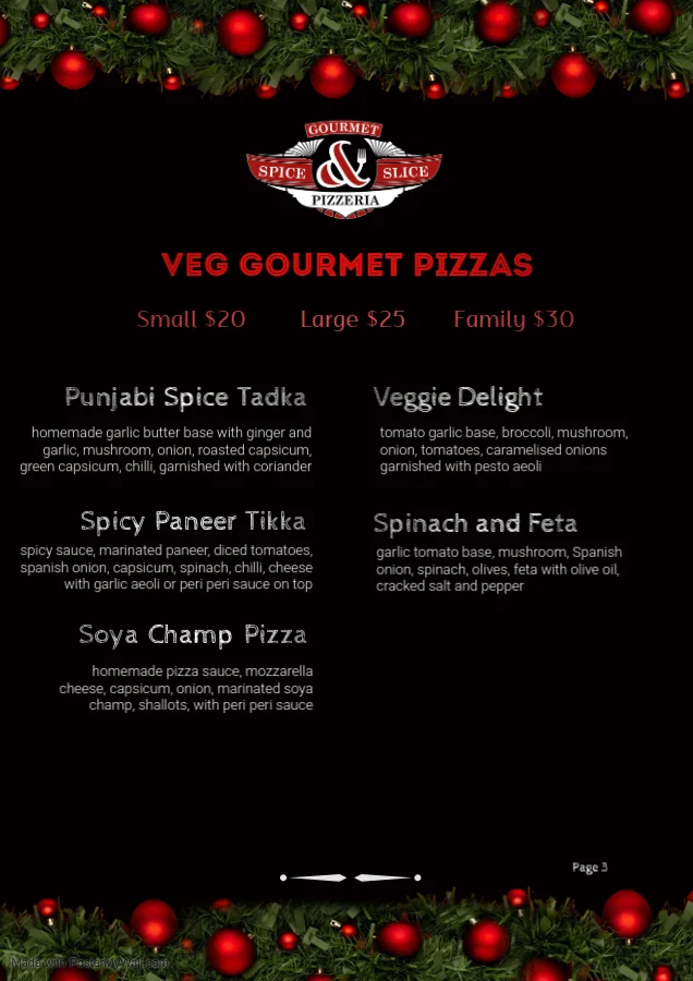 Menu, Spice and Slice Gourmet Pizzeria