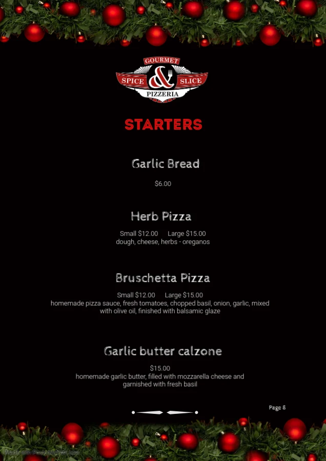 Menu, Spice and Slice Gourmet Pizzeria