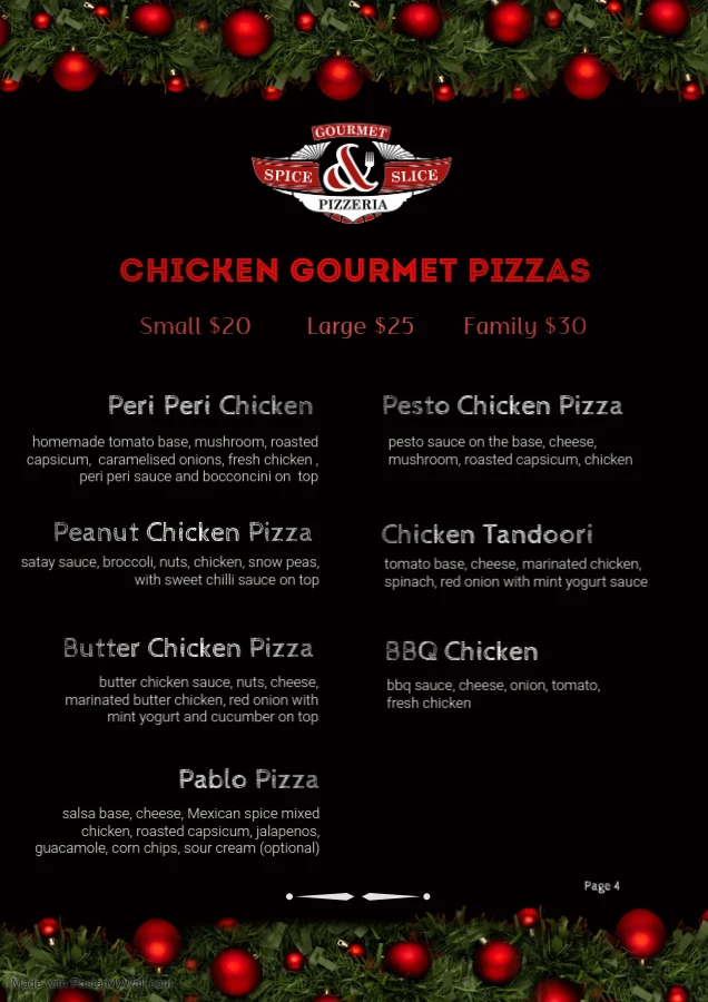 Menu, Spice and Slice Gourmet Pizzeria