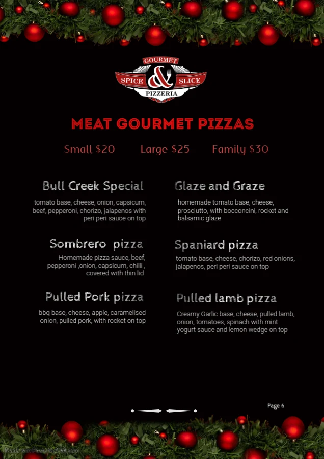 Menu, Spice and Slice Gourmet Pizzeria
