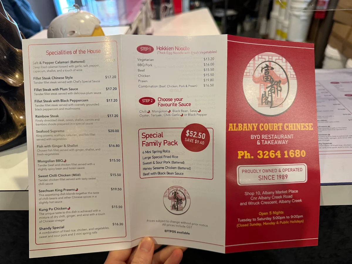Menu, Albany Court Chinese Restaurant