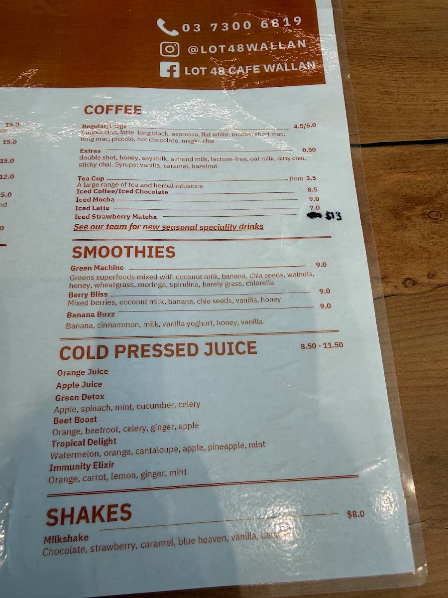 Menu, LOT48 Cafe Wallan