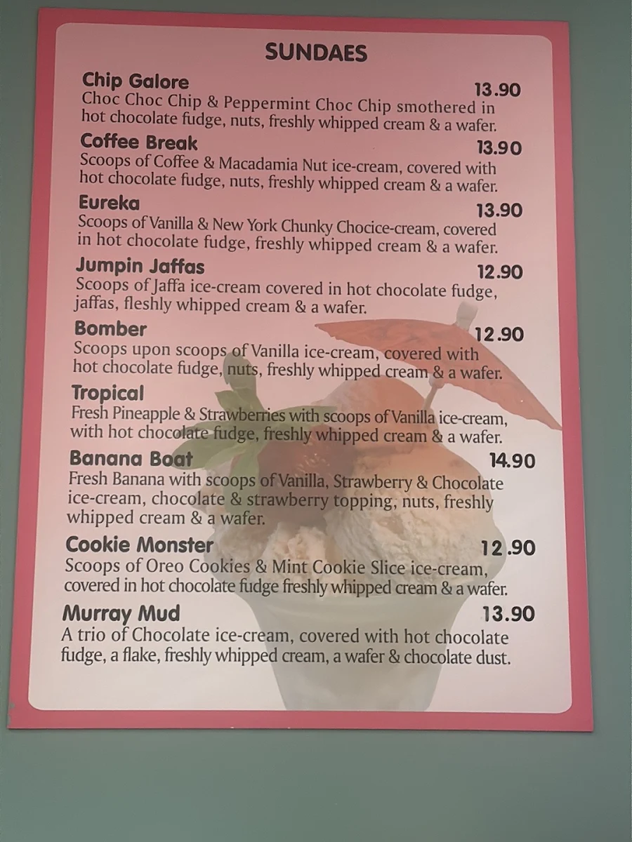 Menu, Niddrie ice cream & Desserts