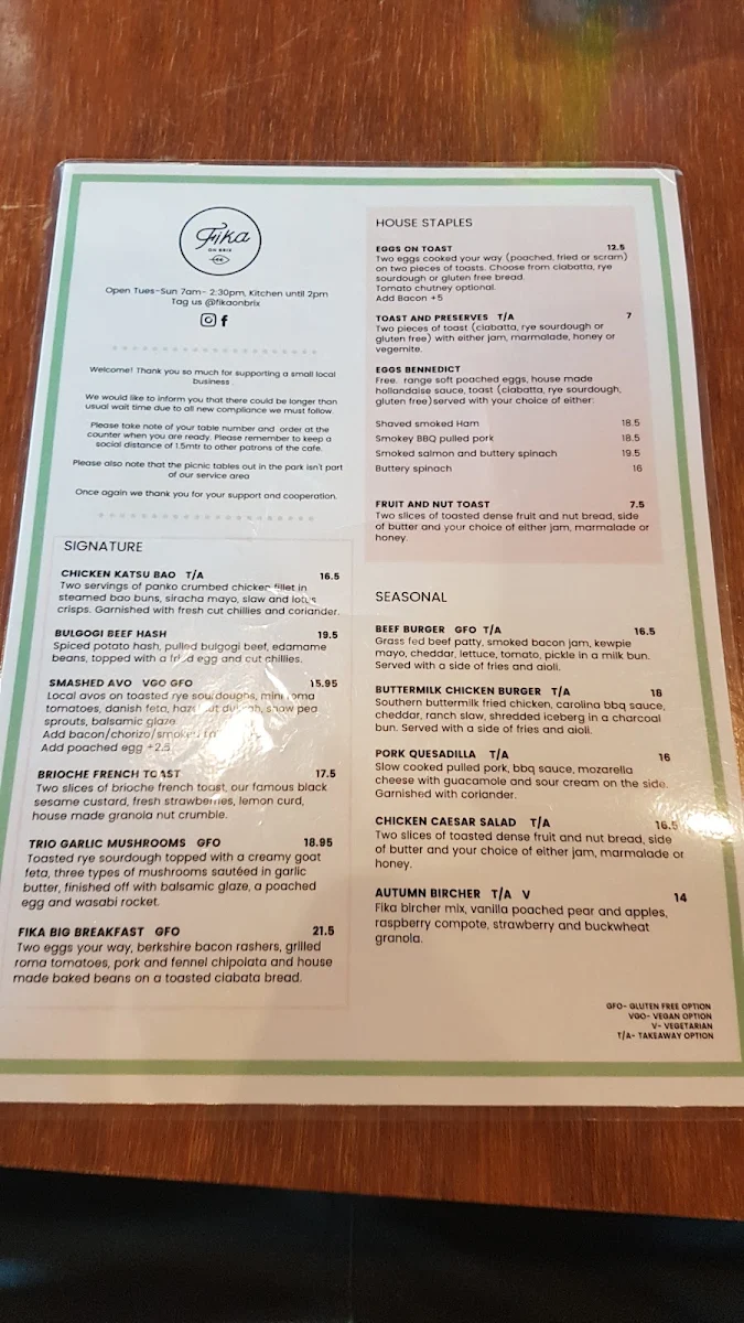 Menu, Fika on Brix