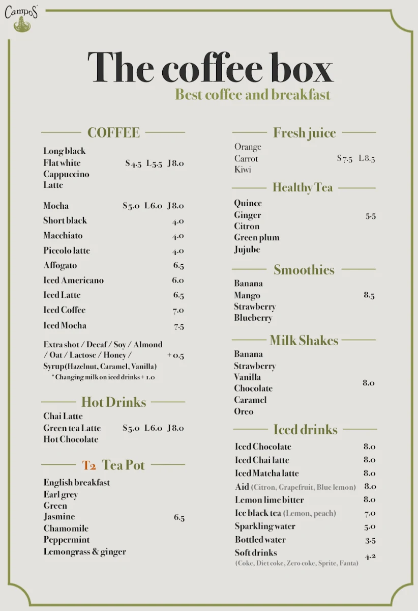 Menu, The Coffee Box Strathfield