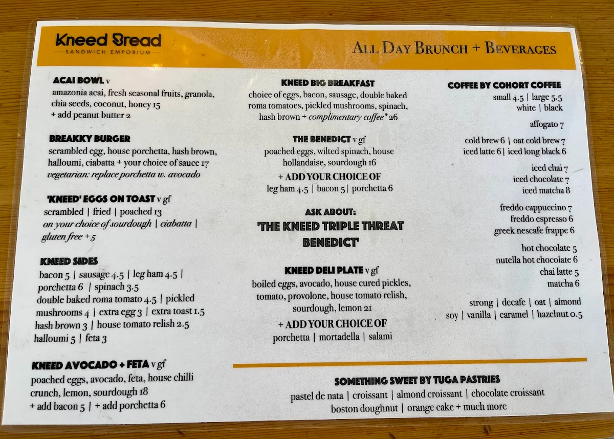 Menu, Kneed Bread Cafe