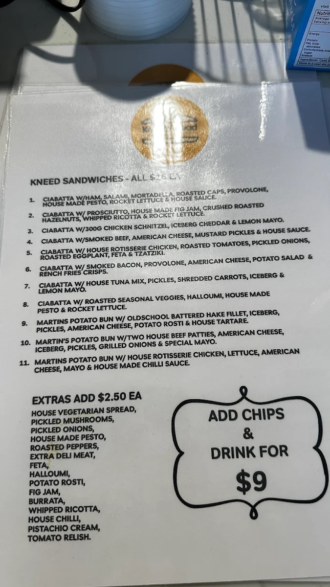 Menu, Kneed Bread Cafe
