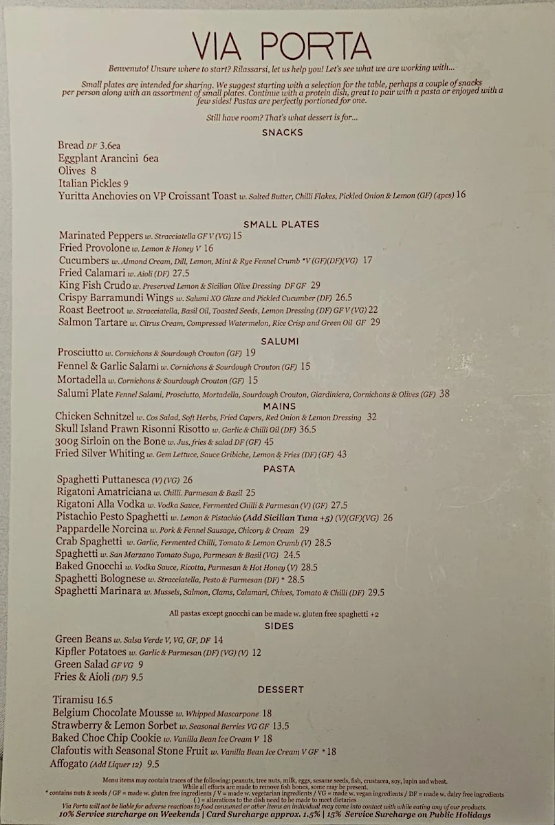 Menu, Via Porta Eatery-Deli