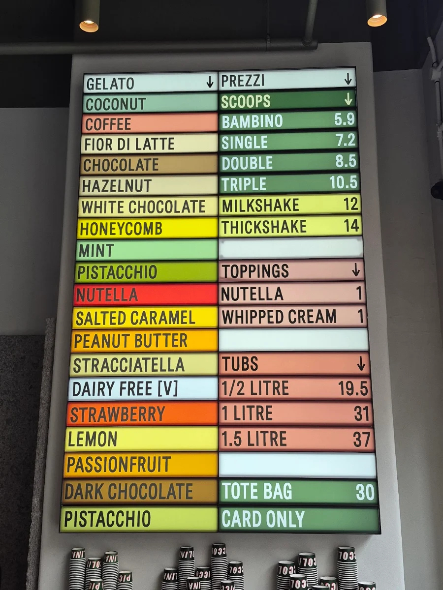 Menu, Piccolina Gelateria