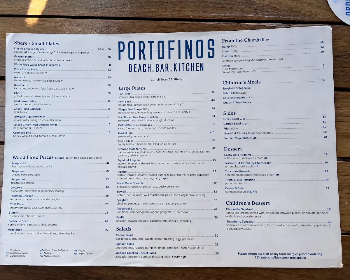 Menu, Portofinos Beach.Bar.Kitchen