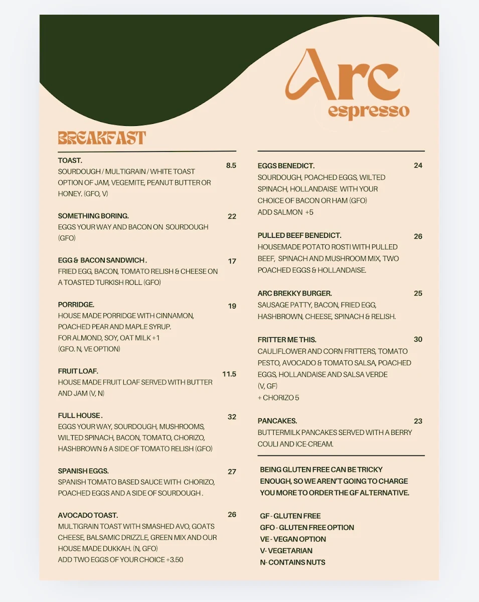 Menu, Arc Espresso