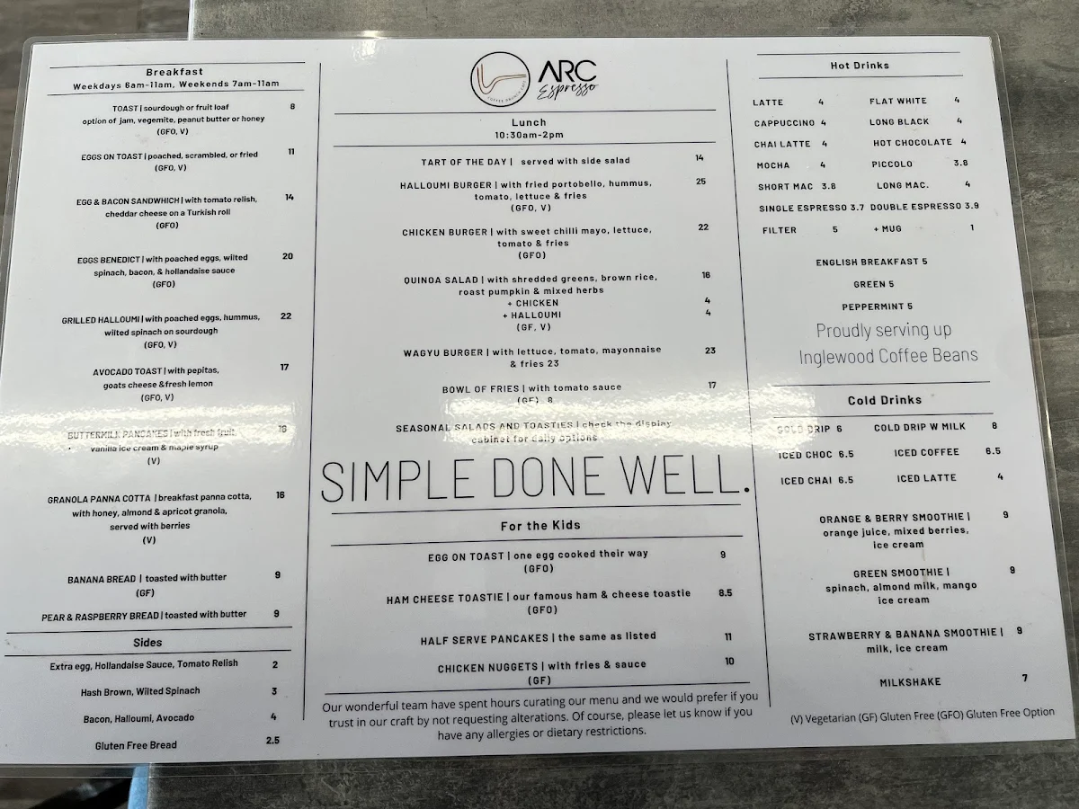 Menu, Arc Espresso