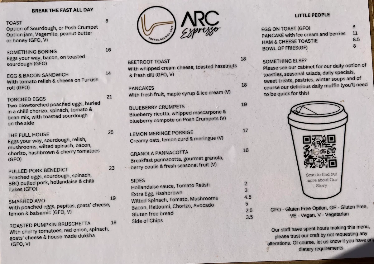 Menu, Arc Espresso