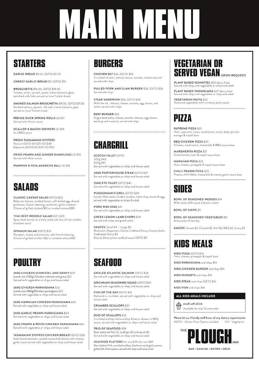 Menu, The Plough Inn Launceston