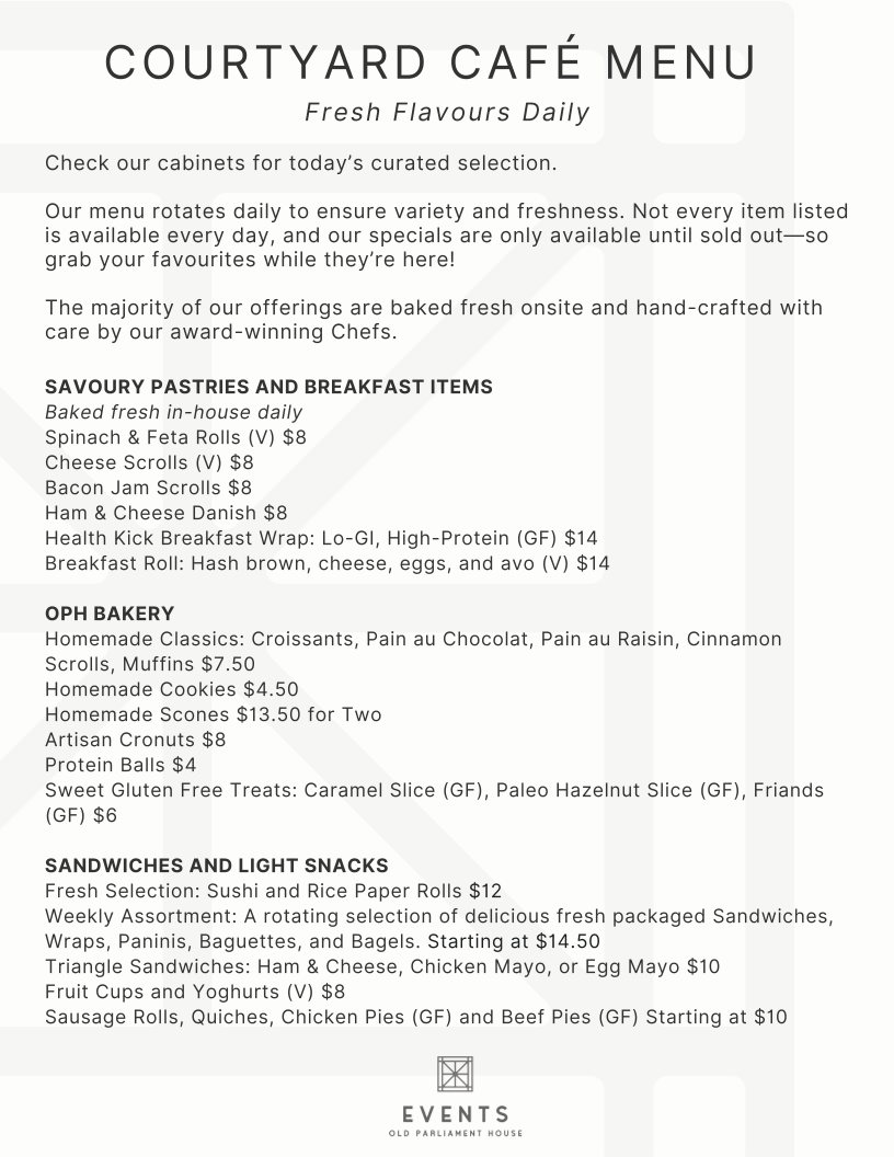 Menu, Courtyard Café at Old Parliament House