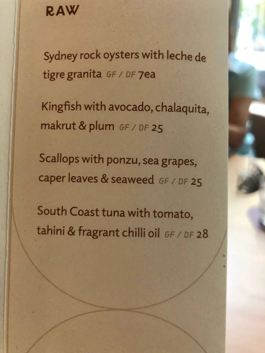 Menu, RAFI North Sydney