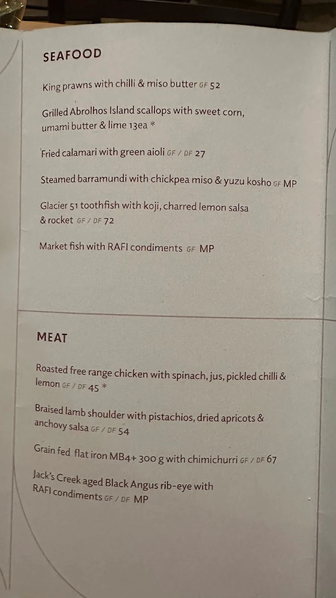 Menu, RAFI North Sydney