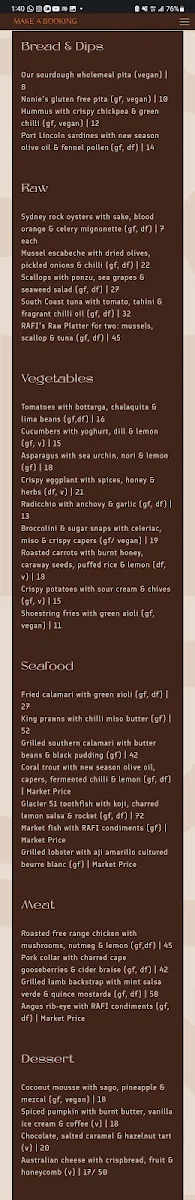 Menu, RAFI North Sydney