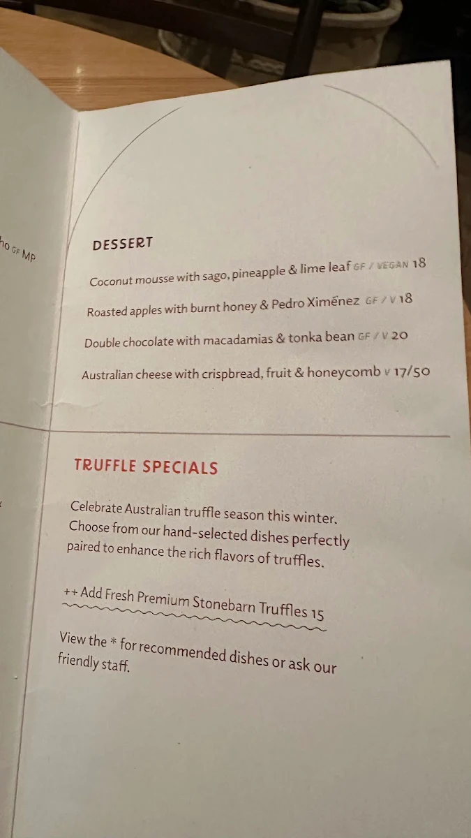Menu, RAFI North Sydney
