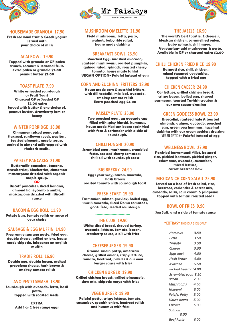 Menu, Mr Paisleys Cafe