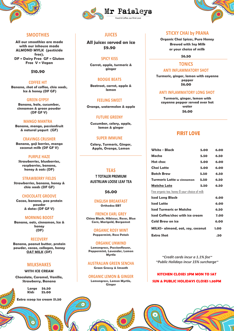 Menu, Mr Paisleys Cafe