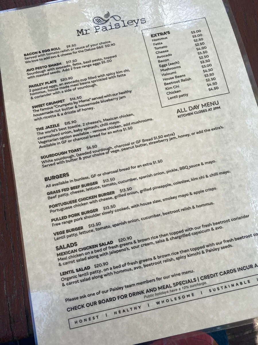 Menu, Mr Paisleys Cafe