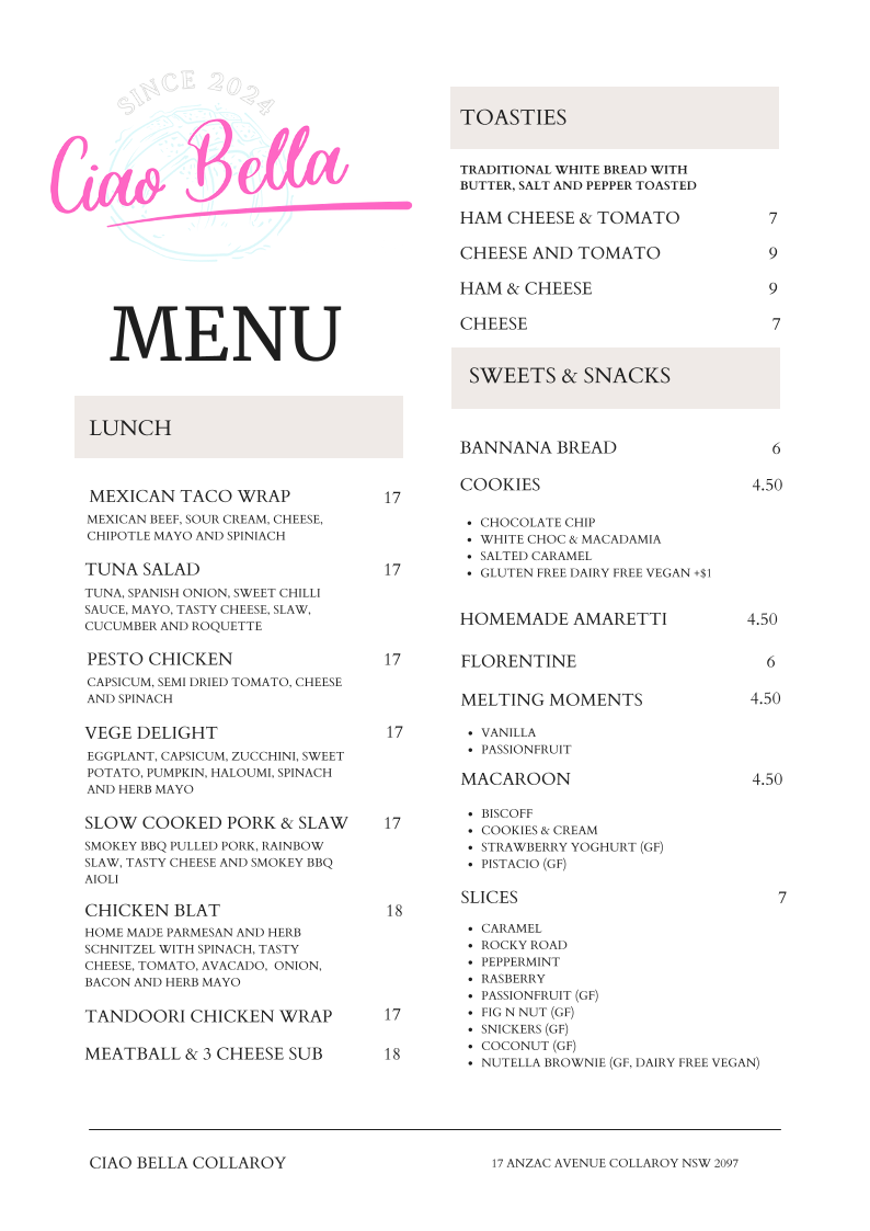Menu, Ciao Bella Collaroy