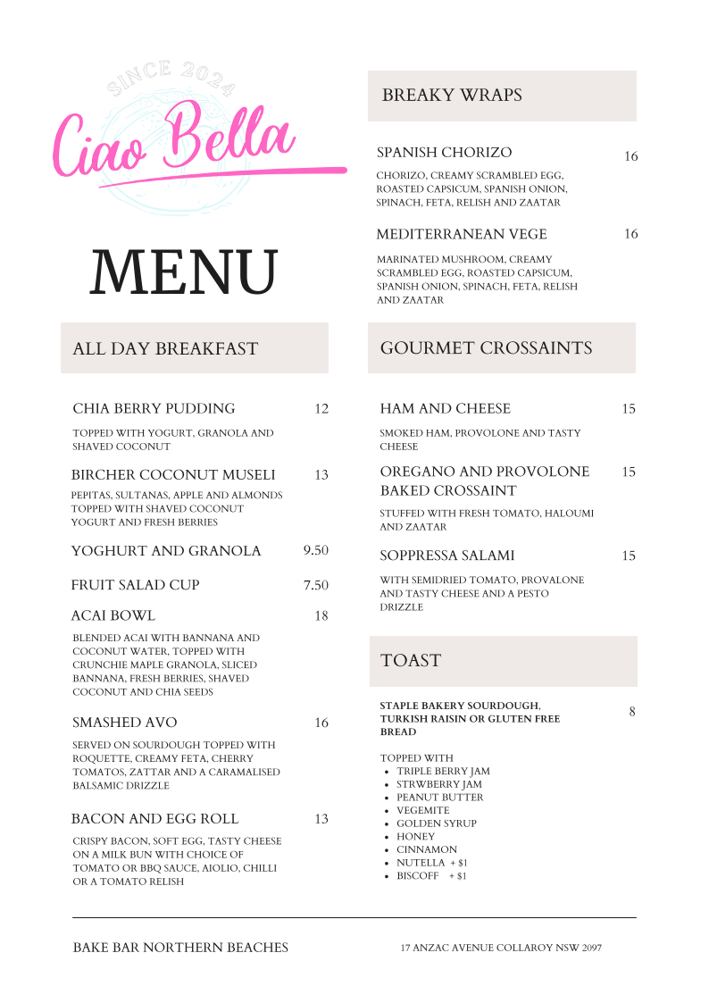 Menu, Ciao Bella Collaroy