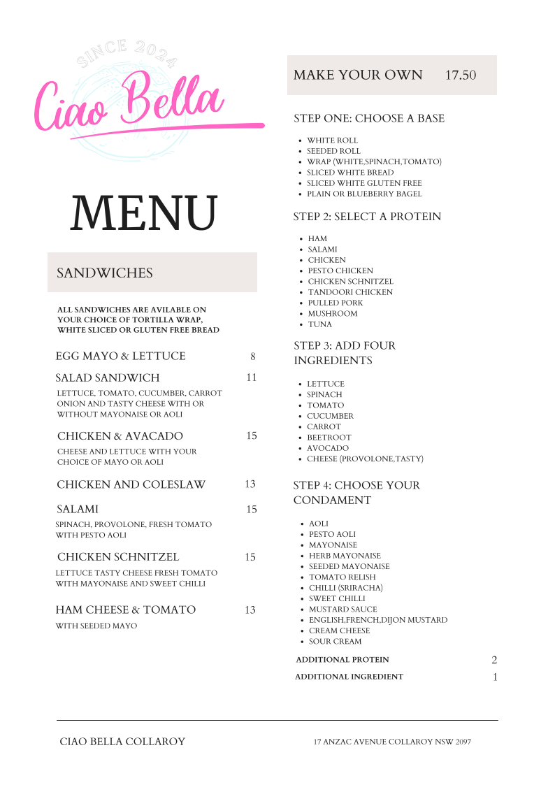Menu, Ciao Bella Collaroy
