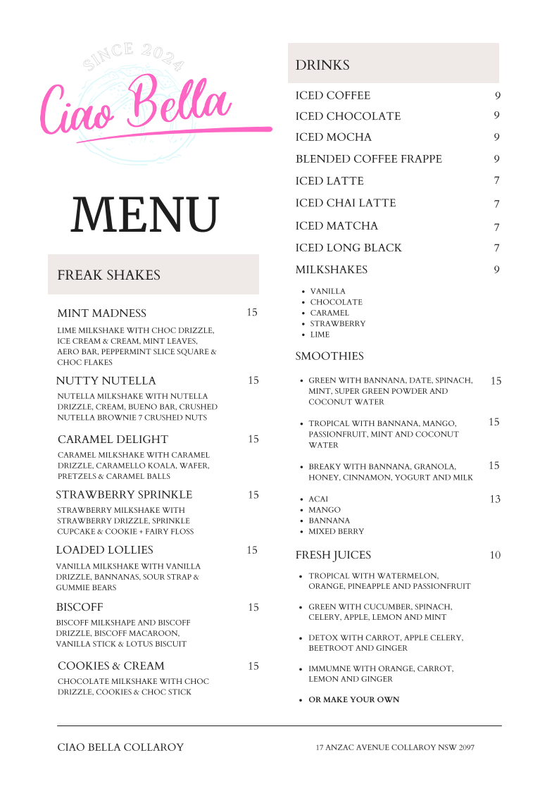 Menu, Ciao Bella Collaroy