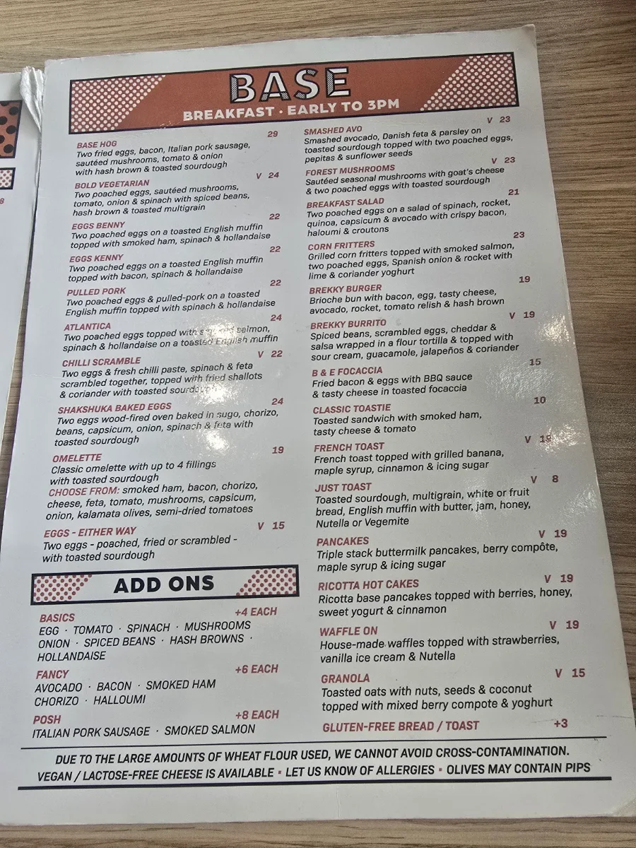 Menu, BASE Plenty Valley