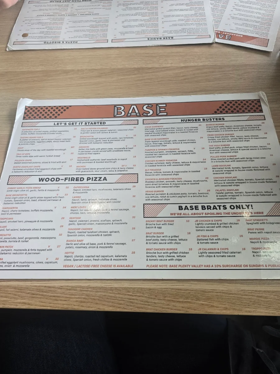 Menu, BASE Plenty Valley