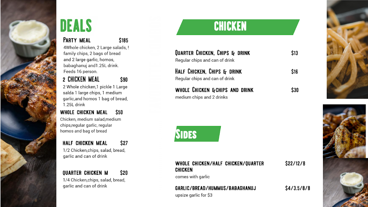 Menu, Tango charcoal chicken