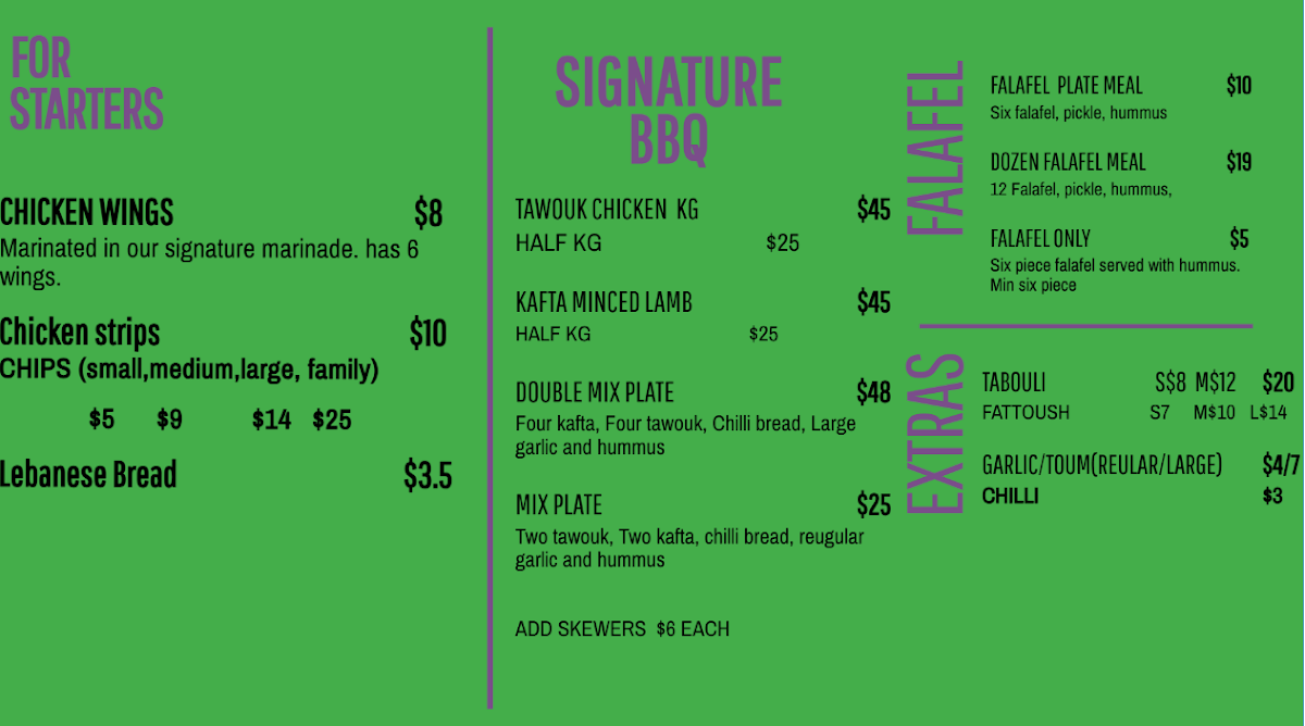 Menu, Tango charcoal chicken