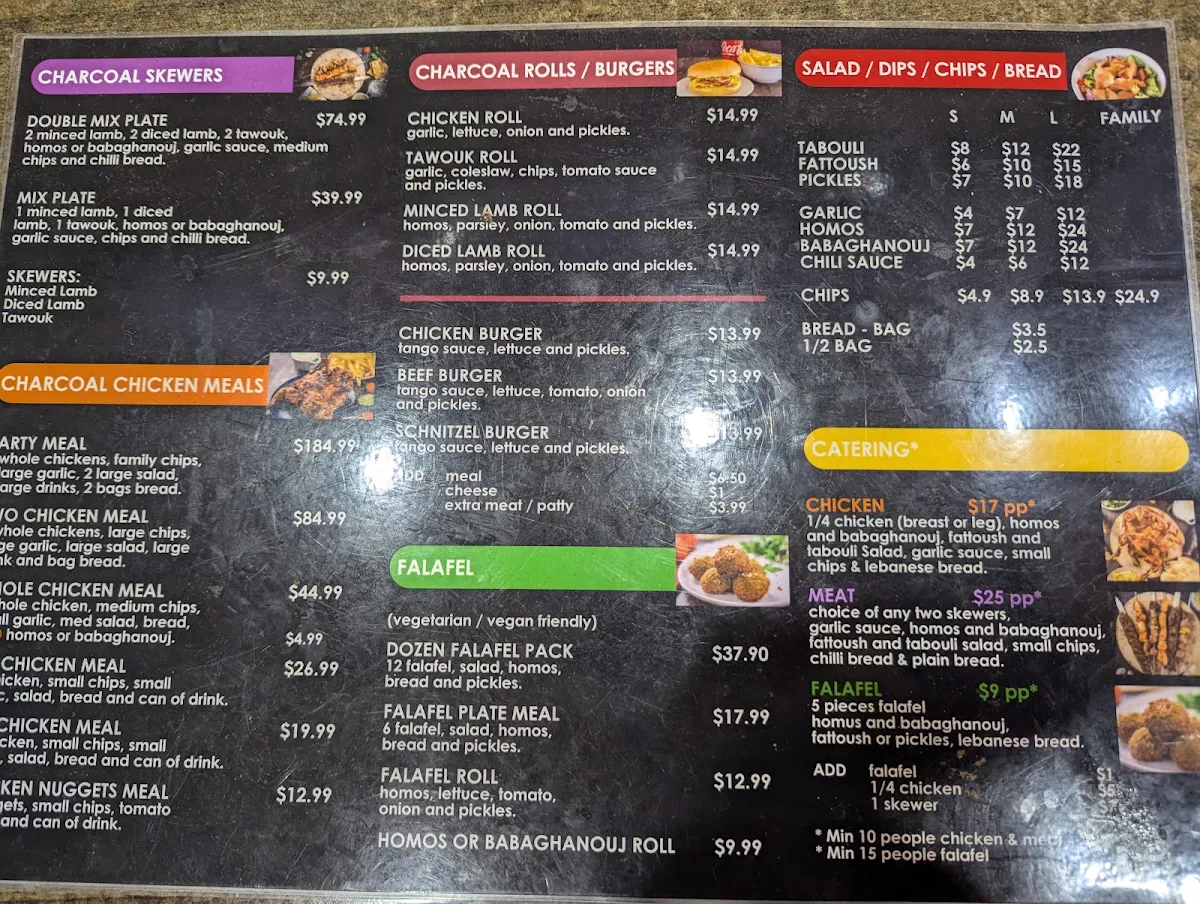 Menu, Tango charcoal chicken