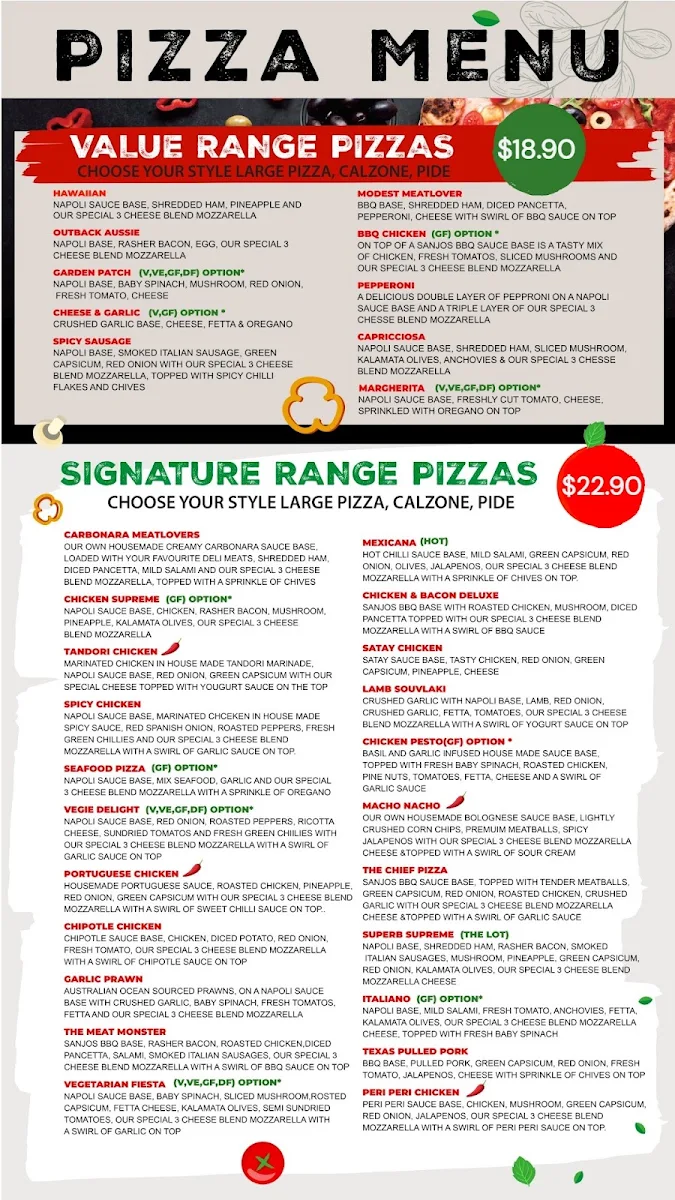 Menu, SANJOS Pizza-Pasta-Wings ( Wodonga )