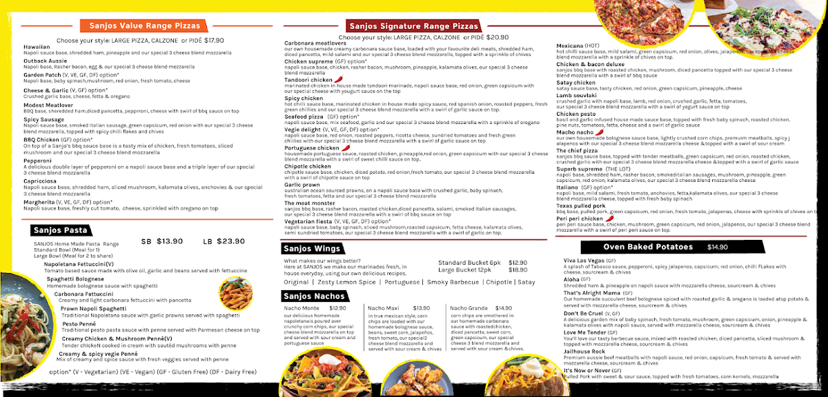 Menu, SANJOS Pizza-Pasta-Wings ( Wodonga )