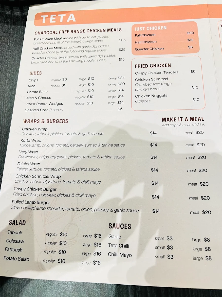 Menu, Teta charcoal chicken
