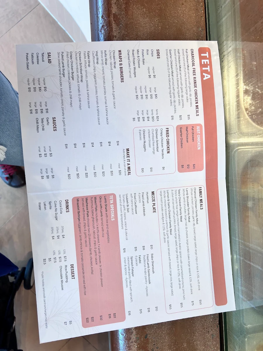 Menu, Teta charcoal chicken