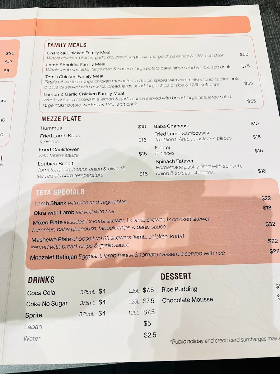Menu, Teta charcoal chicken