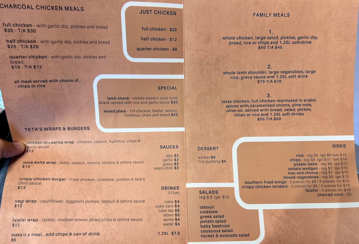Menu, Teta charcoal chicken