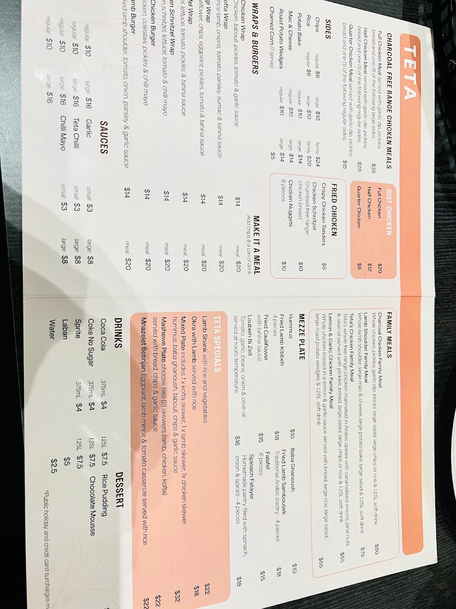 Menu, Teta charcoal chicken